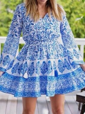 New CELINA MOON Blue White Floral Boho Dress sz S